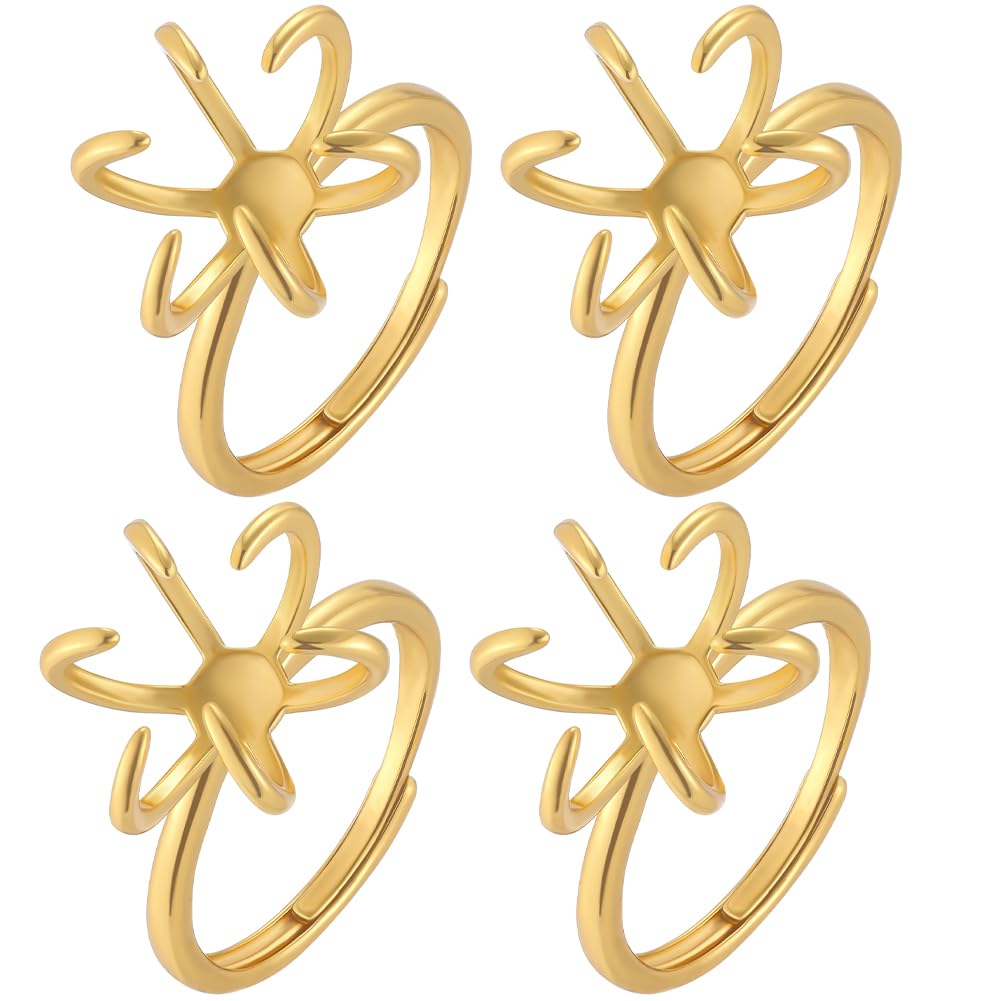 Beebeecraft 1 Box 4Pcs 6 Claw Ring Settings Prong Ring Base Real 18K Gold Plated Brass Ring Bases Stone Blank Adjustable Finger Ring Components Findings for Jewelry Making Rings Supplies DIY Crafting