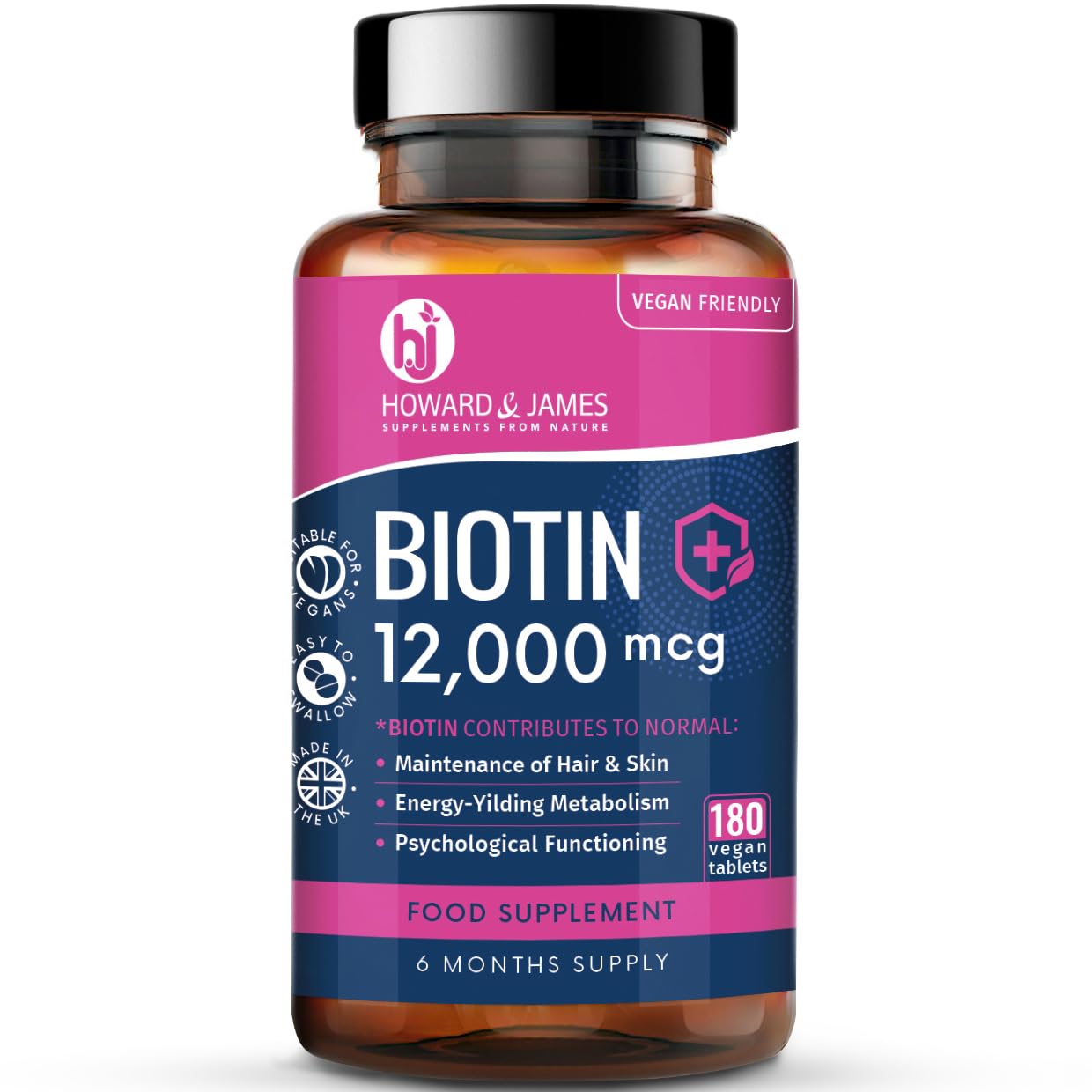 Biotin Hair Growth Supplement 12000mcg - 180 Vegan Tablets (6 Months Supply) - Hair Skin & Nails Vitamins for Women & Men High Absorption D-Biotin 12,000 mcg Vitamin B7 - by Howard & James