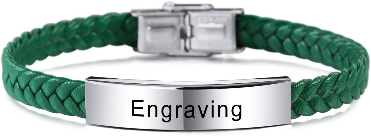 MeMeDIYPersonalized Leather Bracelet Customized Engraving Name Date ID for Men Women Best Friend Stainless Steel Adjustable Braided Cuff Love Anniversary Jewelry Gift