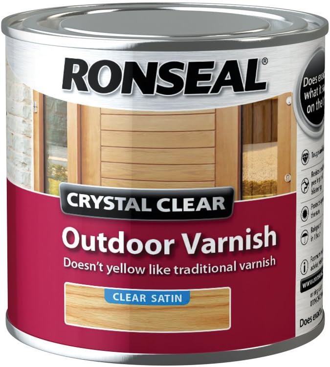 Ronseal Crystal Clear Outdoor Satin Varnish 250ml - 3 coats, weatherproof