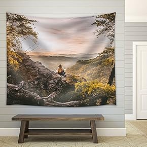 Fall Landscape with a Woman Sitting on The Mountain - Fabric Wall Tapestry Home Decor - 51x60 inches