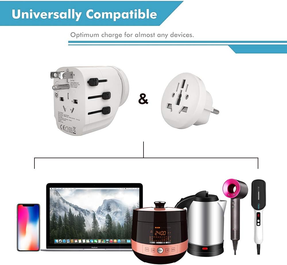 JMFONE 2500W Universal International Travel Adapter for Hair Dryers, 2 USB Charging and UK/AU/US/EU Worldwide Plug Adapter for Europe, Italy, China, Australia, Japan 160 Countries - - 