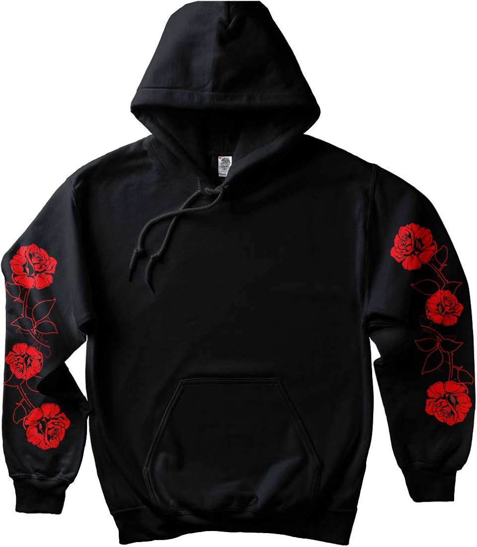 black hoodie with roses on sleeves mens