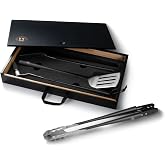 Schmidt Brothers - BBQ Carbon 6, 4-Piece Grilling Accessory Set, Full-Forged Stainless Steel Grilling Utensils Including Spatula, Fork, Basting Brush, and Tongs with All Wood Handles