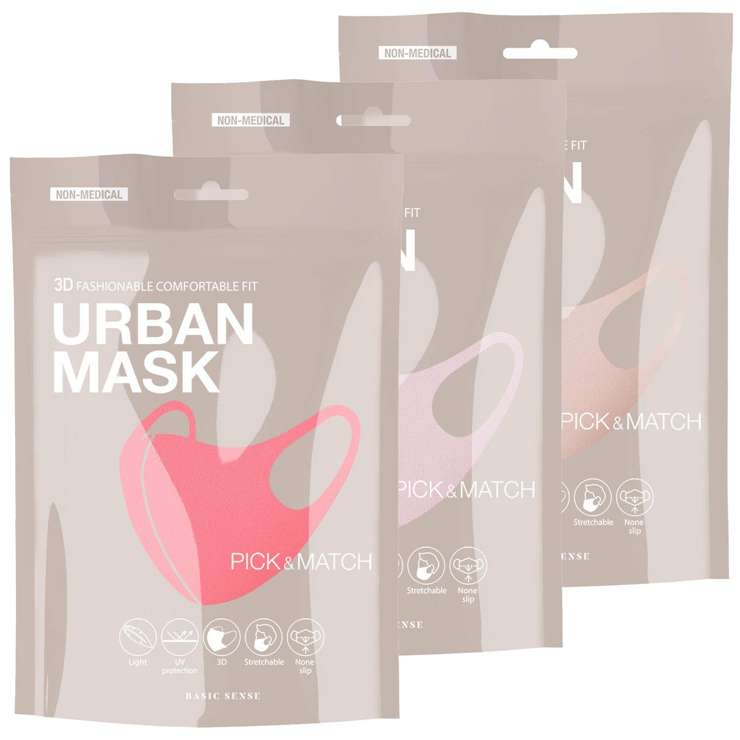 Basic Sense 3 Pack – 3D Washable Reusable Thick Reinforced Plain Face Coverings Masks (Pink 3 Pack)