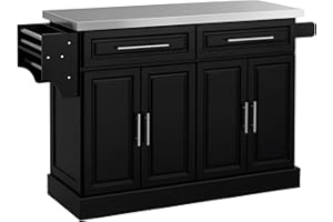 HOMCOM Rolling Kitchen Island Cart with Wheels, Portable Island Table for Kitchen with Stainless Steel Top, Adjustable Shelves, 2 Drawers, Spice, Knife and Towel Rack, Black