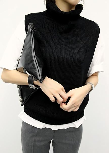 Amazon ナンニング9 Naning9 タートル ベスト タートルネック ノースリーブ ニット ニットベスト レディース グレー ブラック ベスト 通販