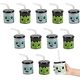 Fun Express Reusable Halloween Cups with Lids and Straws - 7 oz Plastic Cups for Kids - 12 Pcs