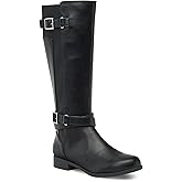 JustFab Knee High Boots Womens Low Block Heels Riding Boots Round Toe Size Zipper Biker Motorcycle Buckle Boots - Valerie (Size 7.5, Black)
