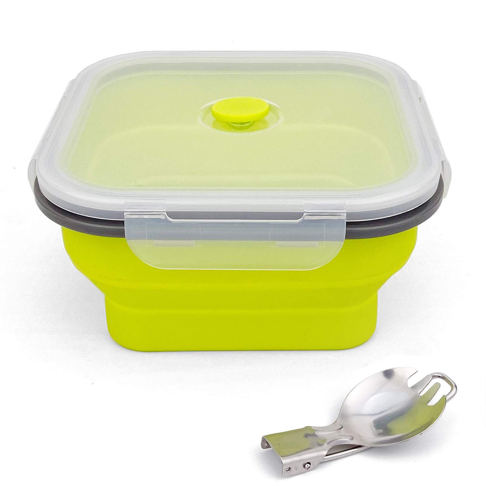 Ewrap 1200ml Large Collapsible Bowl, Portable Silicone Camping Bowl, with Foldable 2 in 1 Fork Spoon, Save 1/2 Space, Use in Microwave and Freezer, Green
