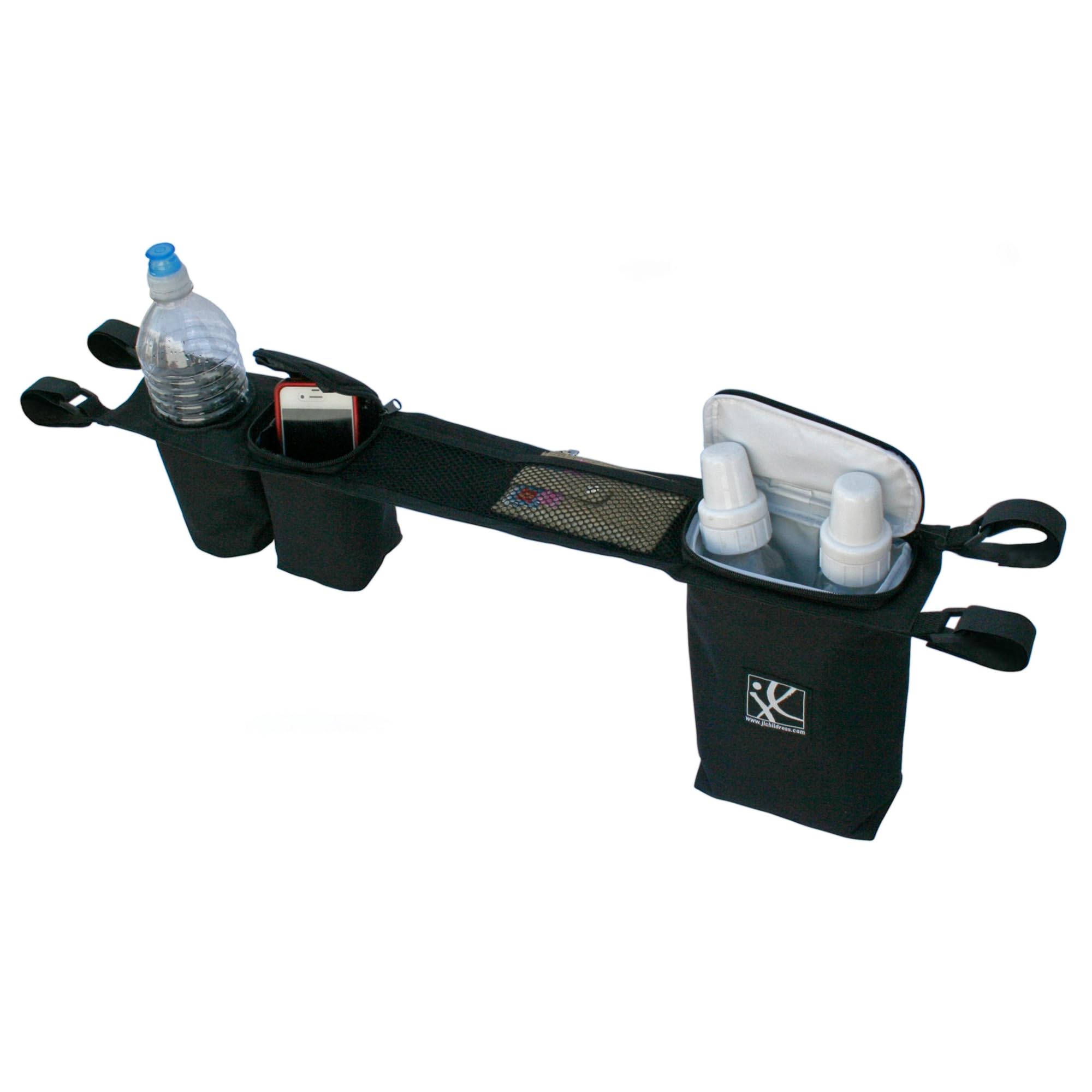 J.L. Childress DoubleCOOL Double Stroller Organizer - Stroller Accessory with Cooler and Storage - Includes Cup Holder, Cell Phone Pocket and Zippered Compartments - Black