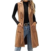 Women's Sleeveless Suede Long Vest Casual Lapel Open Front Duster Vest Casual Fashion Work Vests with Pockets