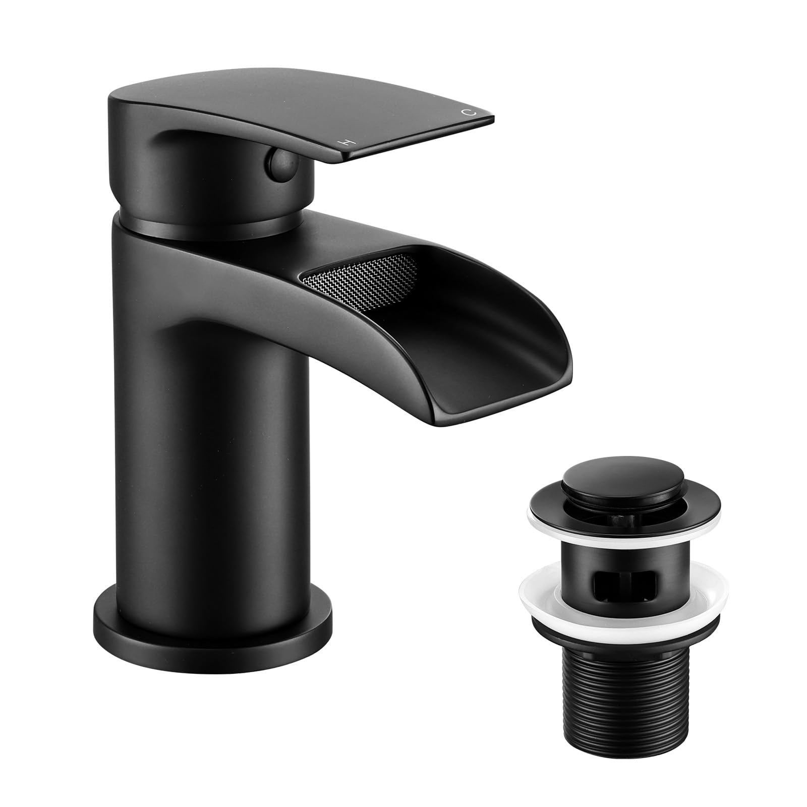 Peppermint Black Bathroom Taps with Pop Up Waste, Basin Taps Mixers Waterfall Bathroom Sink Tap with Basin Waste, Modern Single Handle Watefall Tap with Hot and Cold Water Hoses