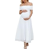OUGES Women's 2026 Summer Spring Off The Shoulder Mesh Maxi Maternity Baby Shower Dresses for Photoshoot Party Wedding Guest Sleeveless Pleated Formal Long Flowy Pregnancy Must Have Clothes(White,XL)