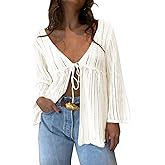 Saodimallsu Womens Summer Lightweight Tie Front Cardigans Crochet Knit Long Bell Sleeve Casual V Neck Beach Cover Ups