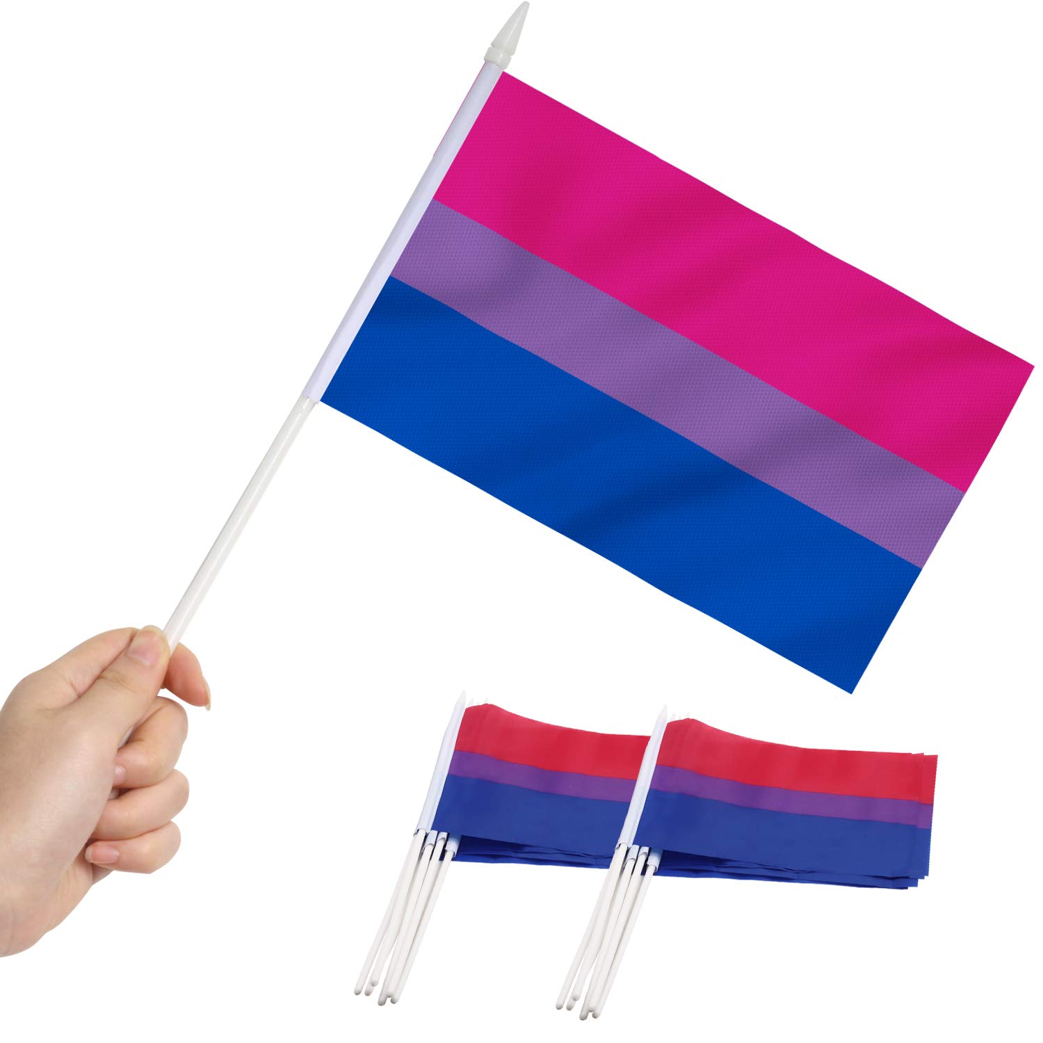 ANLEY Bisexual Pride Miniature Flag, 5x8 inches Handheld Stick Flag with 12" White Solid Pole - Vivid Color and Fade Resistant - 5 x 8 inch Hand Held Mini Flags with Spear Top (1 Dozen)