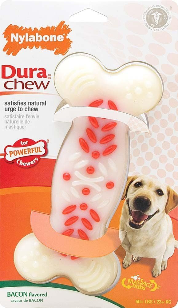 Nylabone Extreme Tough Dog Chew Toy Dura Plus, Ridges & Nubs Help Clean Teeth, Bacon Flavour,White/Pink, L, for Dogs Up to 23 kg