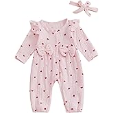 Sasaerucure Infant Baby Girl Valentines Outfit Long Sleeve Heart Jumpsuit Newborn Baby Girl Smocked Bubble Romper + Headband