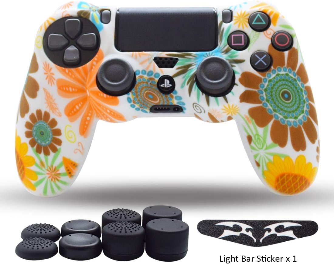 PS4 Controller Skin,Silicone Grips for Playstation 4 PS4/Slim/Pro Controller Anti Slip Cover Case Protector for Dual Shock 4 Controller - One Light Bar Sticker - 8pcs Pro Thumb Grips-Yellow Flower