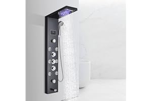 NeierThodore LED Shower Panel Tower System Rainfall Waterfall Shower 304 Stainless Steel Bathroom Shower Tower with 6 Brass B
