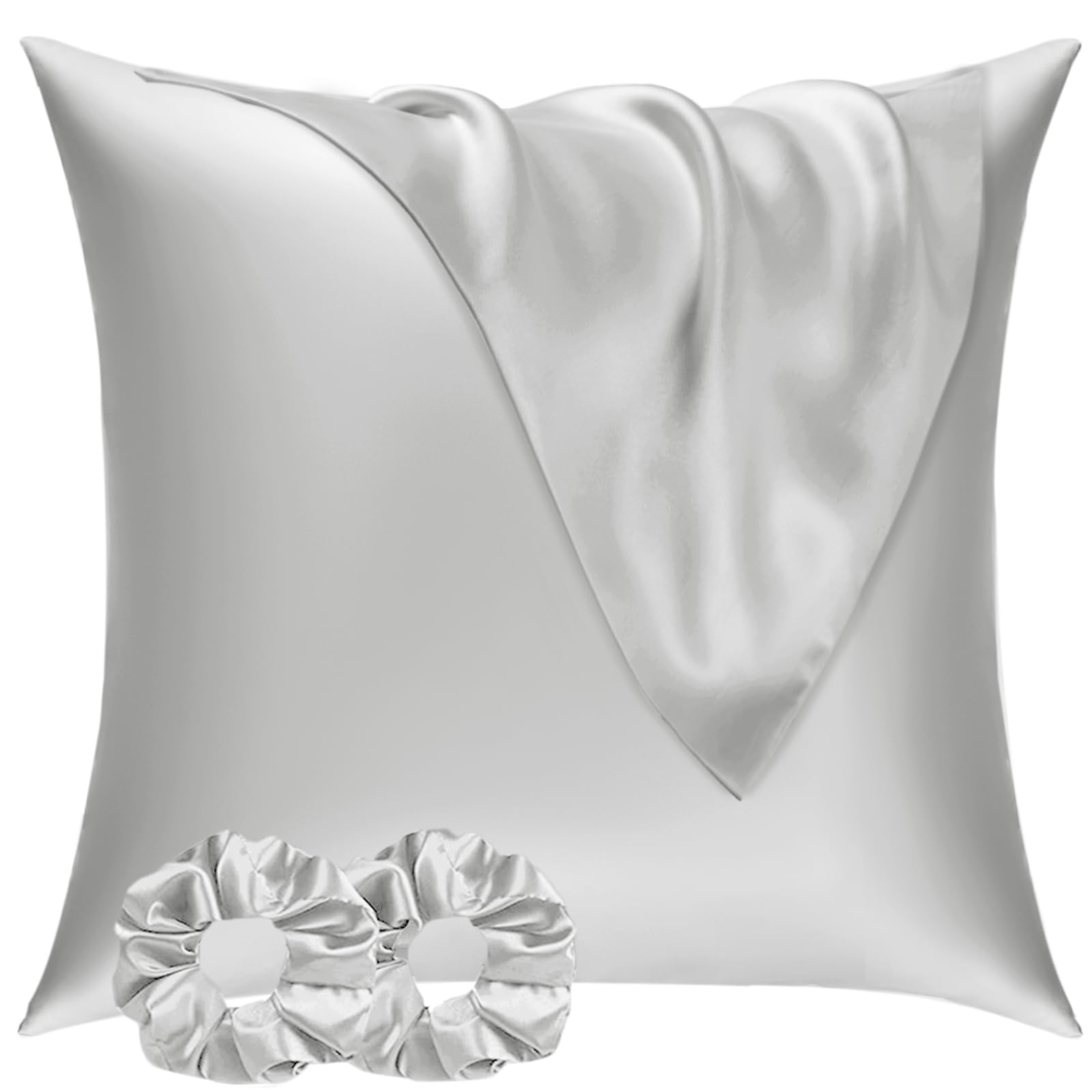 Vielit 2 Pack Satin Pillowcase for Hair and Skin,Soft as Silk Pillowcases for Hair and Skin,Easier Care than Silk Pillow Case Silver Grey Pillowcases for 80x80cm Pillow Envelope & 2 Scrunchies