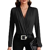 LYANER Women's Wraped V Neck Ruched Long Sleeve Leotard Bodysuit Top