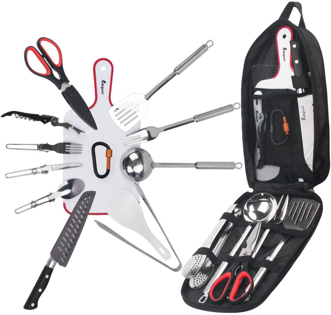 Bisgear 14pcs Backpacking Camping Cookware Kitchen Utensil BBQ Organizer Travel Mess Kit with Water Resistant Case, Cutting Board, Rice Paddle, Tongs, Scissors, Knife, Spork