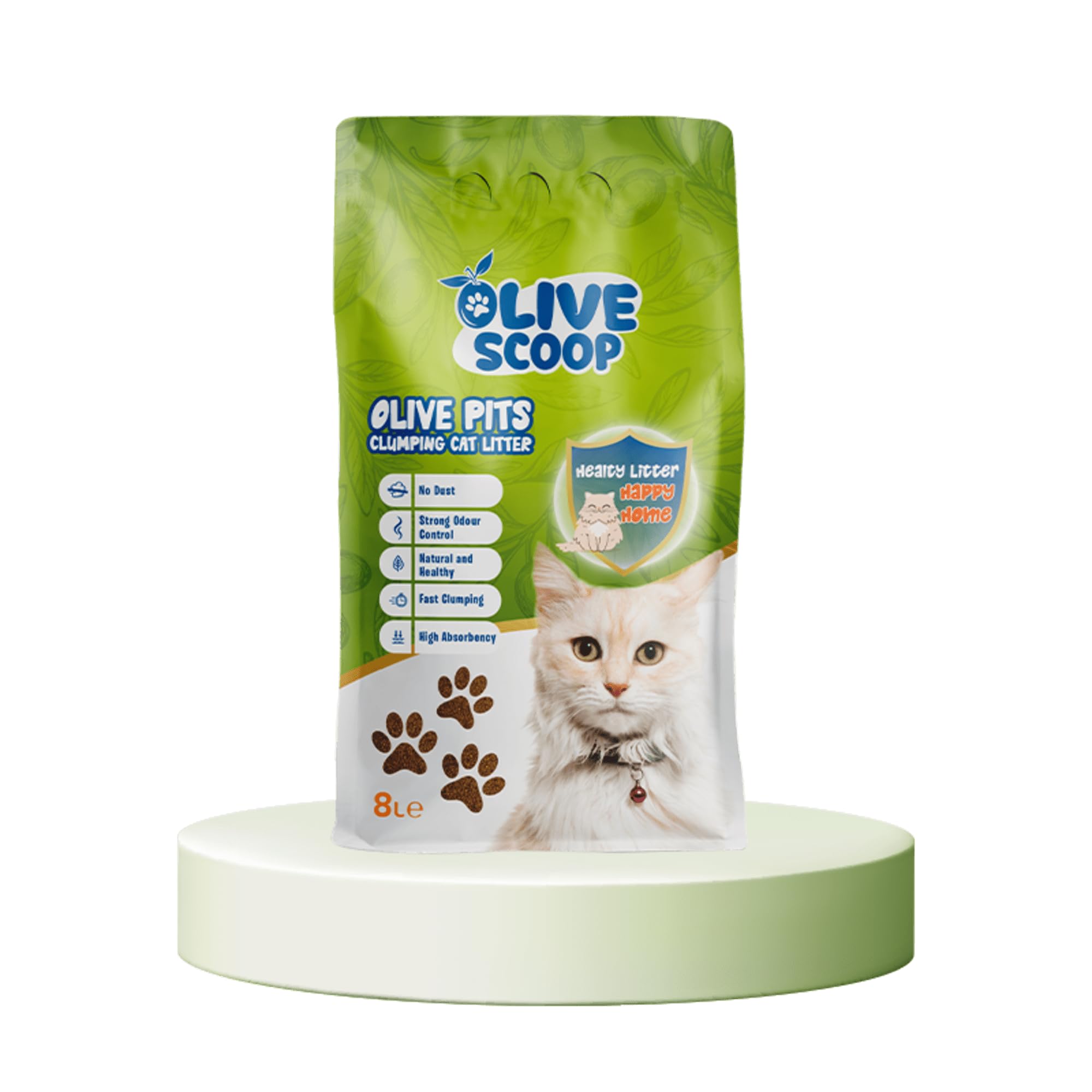 OLIVE SCOOP Olive Pits Clumping Cat Litter, 100% Dust-Free, (6kg/8L), 100% Biodegradable, Natural, Eco-Friendly, Unscented, Non-Tracking, Non-Toxic, Hypoallergenic, Odour Control, Kittens & Adult Cat
