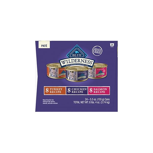 BLUE BUFFALO WILDERNESS HIGH PROTEIN, NATURAL ADULT PATE WET CAT FOOD VARIETY PACK, CHICKEN, SALMON, TURKEY 5.5-OZ CAN (24 COUNT – 8 OF EACH FLAVOR)