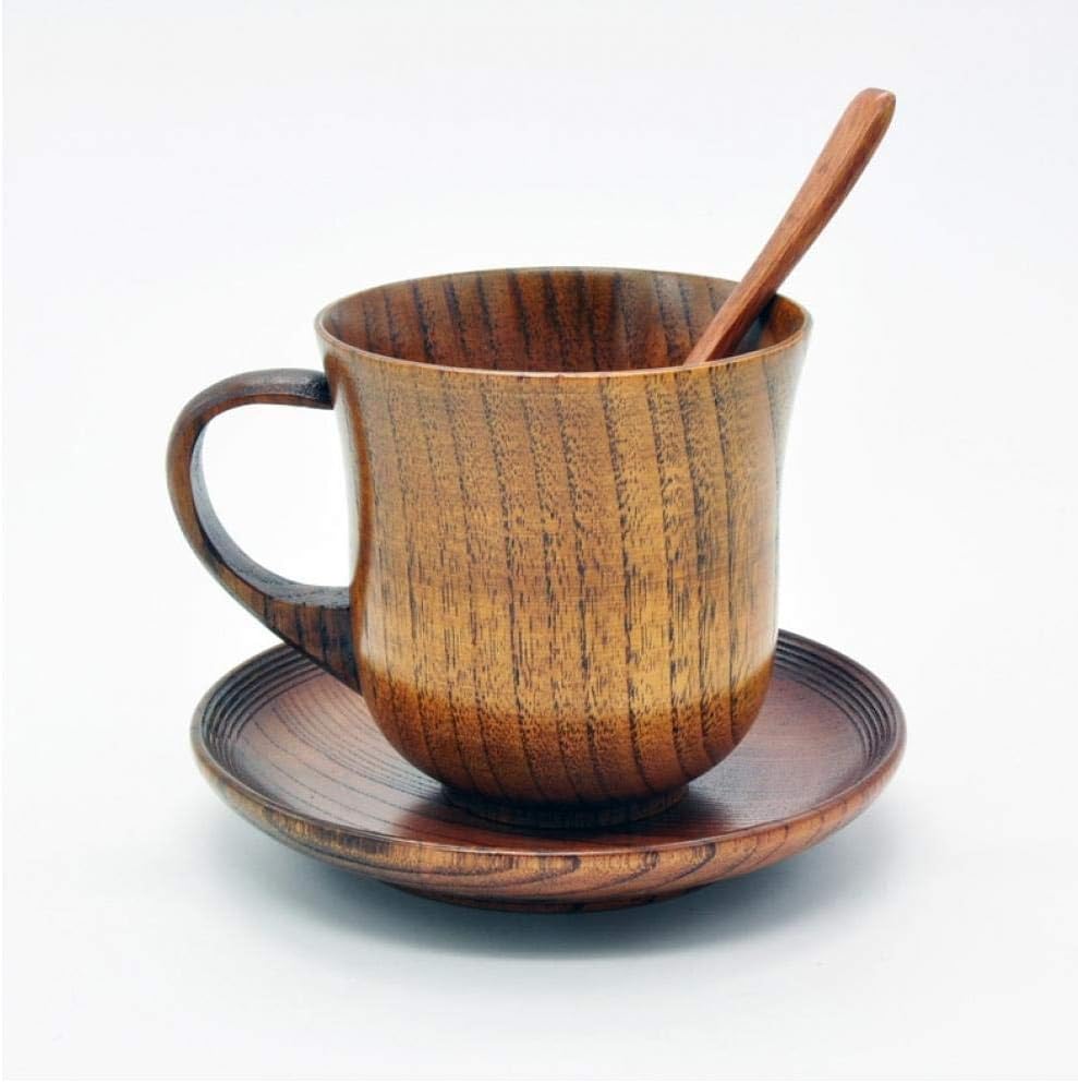PiniceCore 3pcs/set Wooden Cup Saucer Spoon Set Coffee Tea Tools Accessories