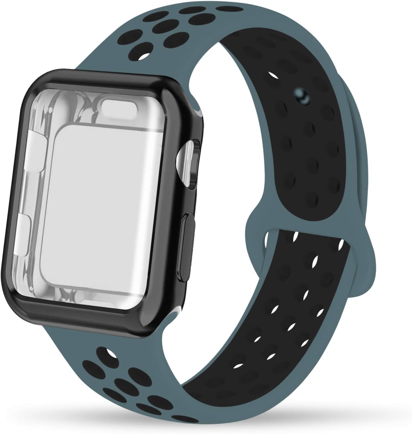 INTENY Compatible for Apple Watch Band 42mm with Case, Soft Silicone Sport Wristband with Apple Watch Screen Protector Compatible for iWatch Apple Watch Series 1,2,3,4, 42mm M/L, Celestial Teal Black