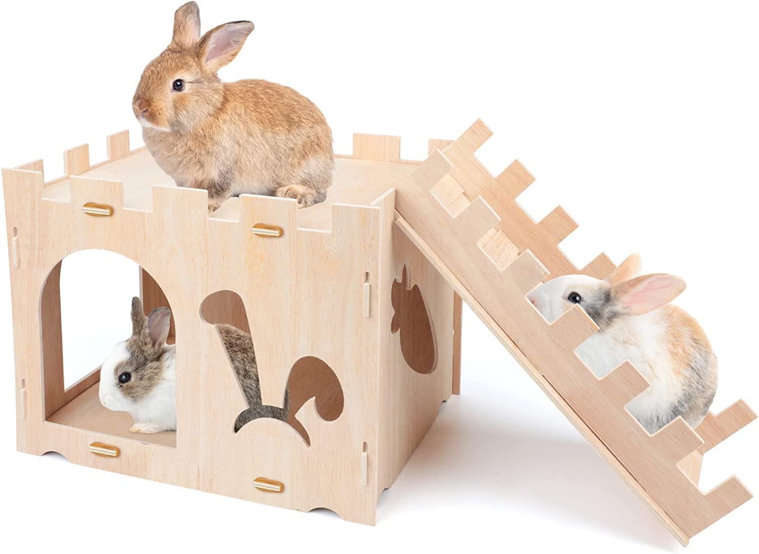 HYLYUN Extra Large Wooden Rabbit Castle Bunny Play House Detachable Small Animal Hideout Handmade Hut for Indoor Adult Rabbit Guinea Pig Chinchilla Habitat