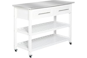 HOMCOM Kitchen Island with Stainless Steel Top, Traditional Kitchen Island with Storage, 2-Tier Open Shelves, Drawers, White
