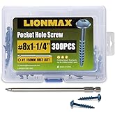 LIONMAX Pocket Hole Screws, 300PCS #8 x 1-1/4" Wood Screws with Square Drive, Blue Coated Exterior Screws for Outdoor Use, Weather Resistant, Coarse Thread, Self Tapping, 150MM Drive Bit Included