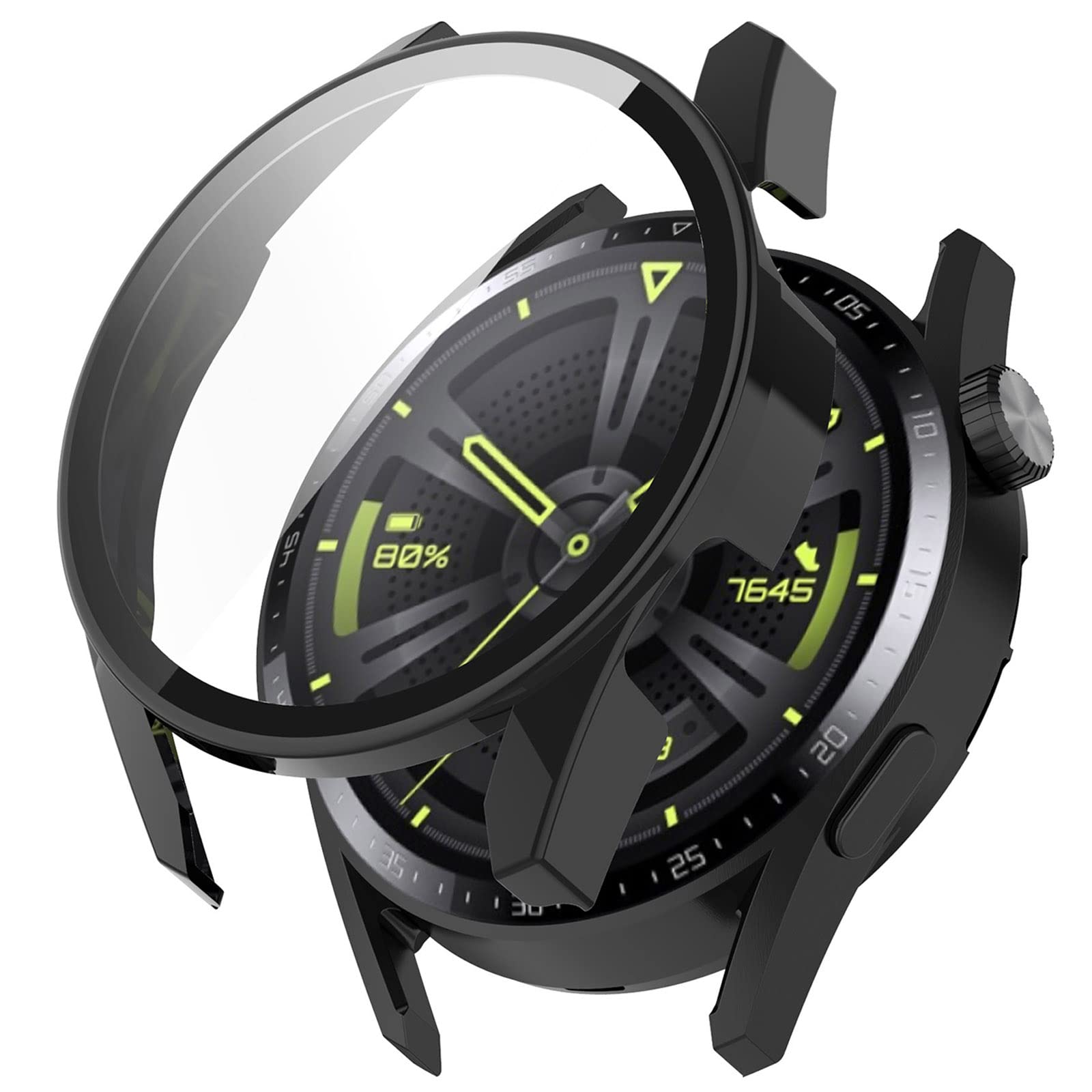 Miimall Case Compatible with Huawei Watch GT 3 46mm Tempered Glass Screen Protector, Ultra-Thin Hard PC Shockproof All-Around Bumper Shell Protective Cover for Huawei Watch GT 3 46mm-Black