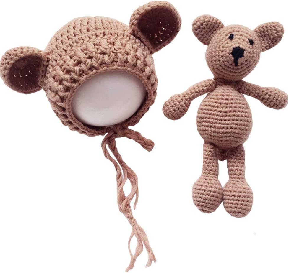 FRECOCCIALO Newborn Baby Boy Girl Knitted Crochet Hat Bear Doll Toys Set Costume Photo Photography Prop Outfits Deluxe Baby Gift 0-2 Months