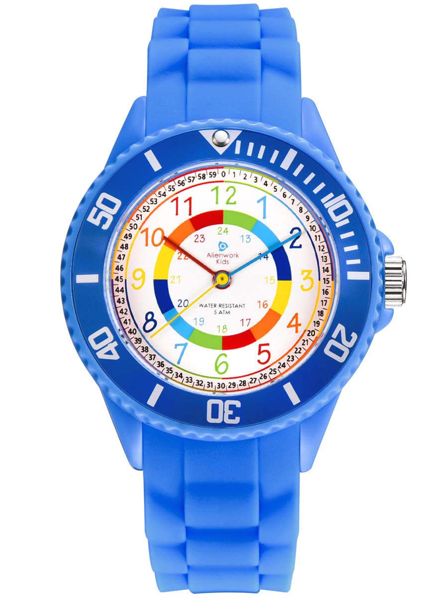 Alienwork Kids Children's Teacher Watch Boys Girls Blue Silicone Strap Multi-Coloured Children's Kid Waterproof 5 ATM Learning Time