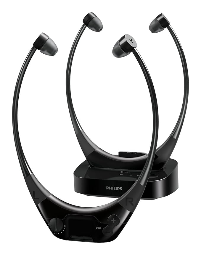 Philips SSC5002/10 AudioBoost 2x kabelloser TV Kinnbügel-Kopfhörer (1 x Ladestation, 1x Zusatzakku) schwarz