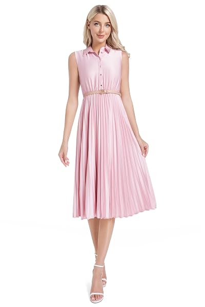 ABLETREE WOMEN’S SATIN MIDI DRESS SLEEVELESS ELEGANT SHIRT COLLAR PLEATED A LINE DRESS WITH BELT FOR OFFICE WORK BUSINESS CASUAL WEDDING GUEST PARTY BLUSH PINK