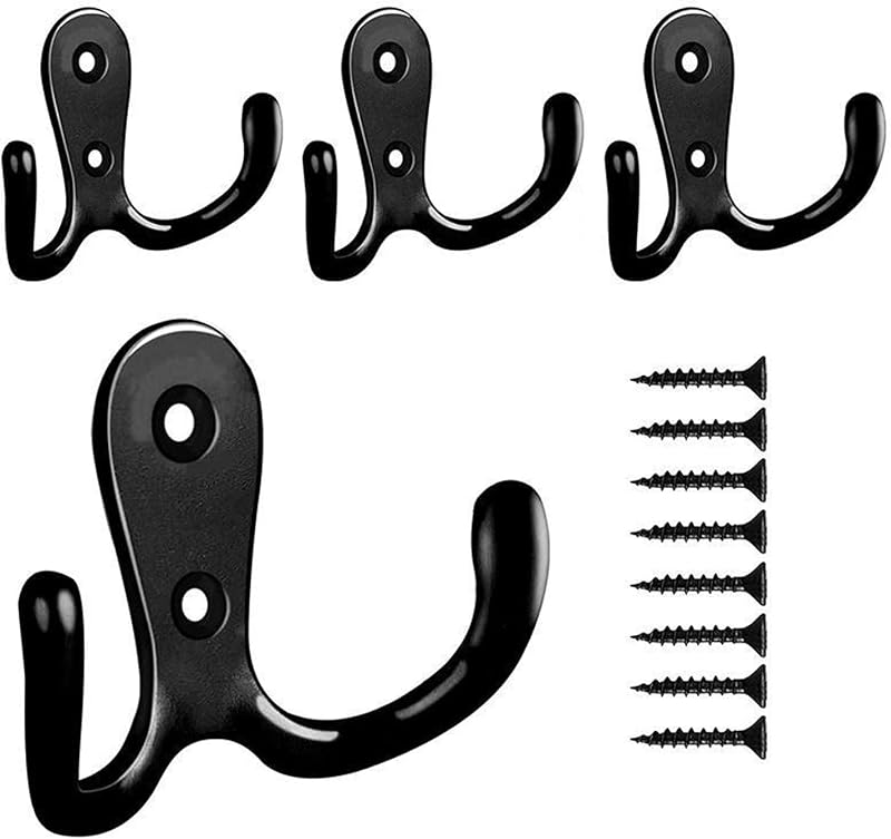 Yesmin Double Prong Robe Hooks 4 Pack Wall Mount Black Zinc Die-Cast
