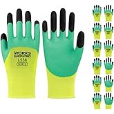 Safety Work Gloves, Green and Yellow, Latex Rubber Coated, Size 8, for Construction, Gardening, Warehouse, Assembly