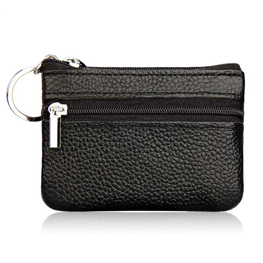 Auony Zippered Coin Pouch, Leather Coin Purse Change Holder Card Case Holder Organizer for Men Women (Black)