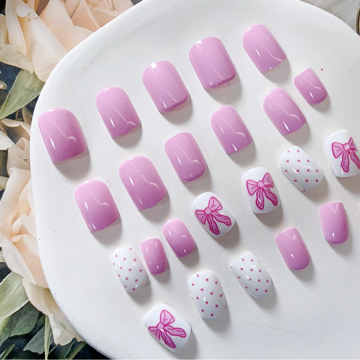 Pink Press on Nails Short Square Cute Fake Nails Valentine’s Day Press on Nails with Bow-Knot Designs Pink Acrylic Nails Full Cover Valentines Nails Glue on False Nails with Designs for Women 24PCS - Image 3