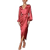Cosonsen Women's Long Sleeve V-Neck Tie Waist Split Formal Cocktail Wedding Guest Dresses