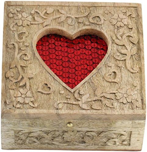 GTS Home Gifts Valentine's Gift Hand-Carved 6" Wooden Jewelry Box/Decorated with Red Sequin-Work in Heart-Shape