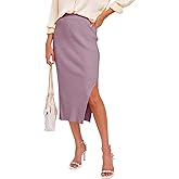 HERBATOMIA Midi Pencil Basic Skirt Casual Solid Split Side Stretchy Ribbed Knit Bodycon Mid Length Skirts for Women