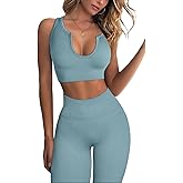 QINSEN Workout Outfits for Women 2 Piece Ribbed Seamless Crop Tank High Waist Yoga Leggings Sets