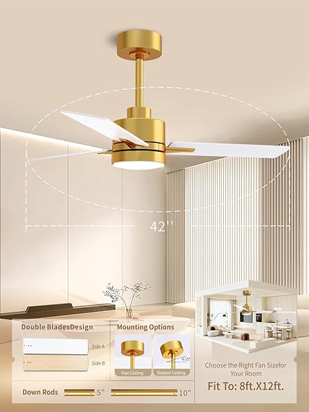 LANMEL 42” CEILING FAN WITH LIGHTS AND REMOTE, LOW PROFILE MODERN CEILING FAN GOLD, 6 SPEED, REVERSIBLE, 3000K-6000K LED, QUIET DC MOTOR FOR INDOOR OUTDOOR BEDROOM LIVING ROOM