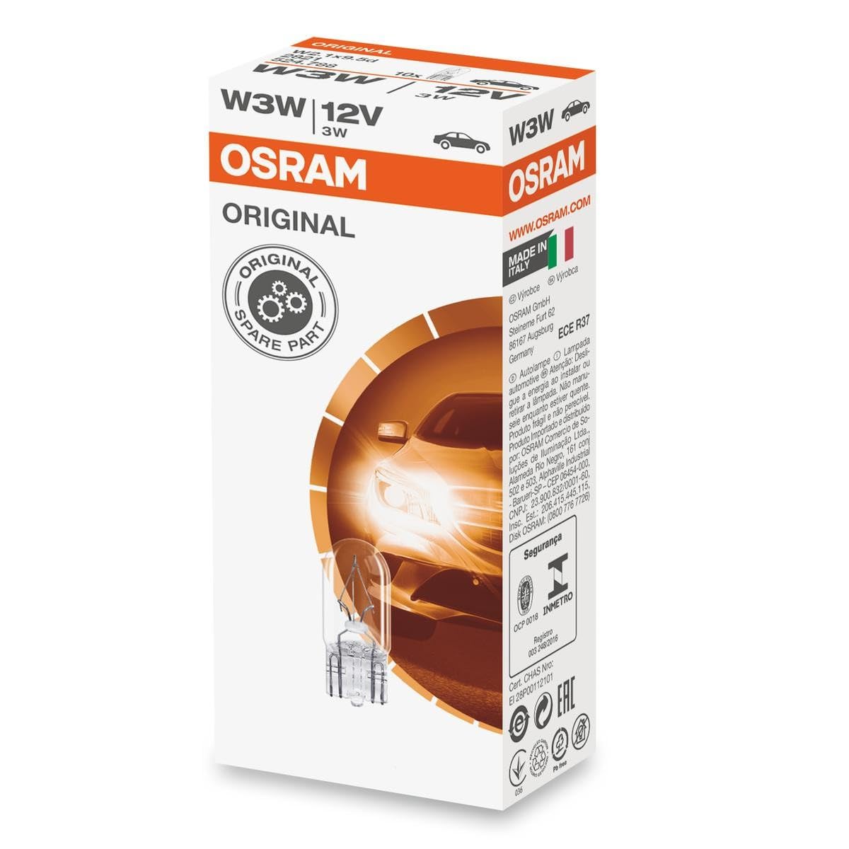 Osram 2821 Original Lamps with Glass Wedge Bases, 12 V, 3 W, Set of 10