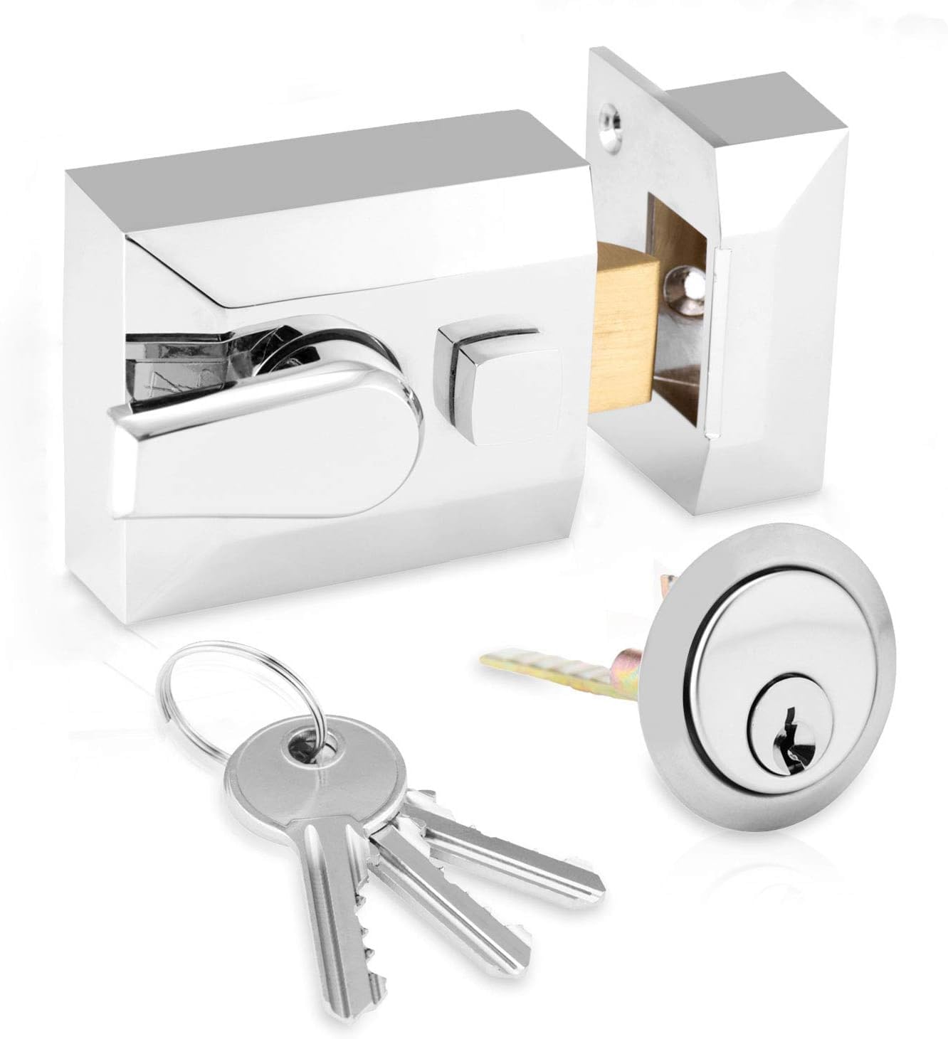Narrow Deadlocking Night Latch 40mm, Complete with Rim Cylinder and 3 Keys, Elegant Satin Chrome Nightlatch, External Door Lock for Front Door (Satin Chrome, 40mm)